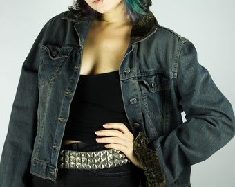 Vintage Denim Jacket Leopard Fake Fur Details, Indigo Blue Washed Out Denim, Animal Print Collar, 70s 80s Trash Punk