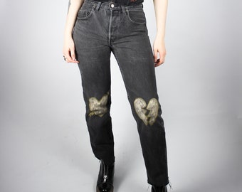 RENEWED VINTAGE Levi's 501 Black Jeans Size 30, Handpainted Bleached Denim Pants, Metallic Bronze Heartbreak Love Print, Trousers Fringes