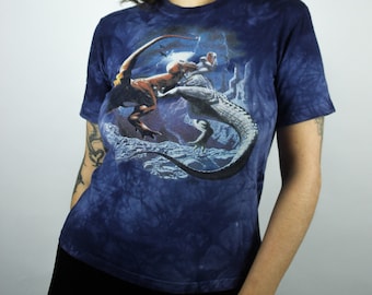 Vintage Blue Dyed Dinosaur Shirt, The Mountain T-Shirt, Fits Like S, Tie Dye Tee y2k