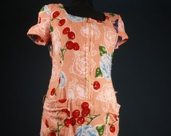 Vintage Rena Lange Towel Dress, Cherries Floral Pattern, 60s 70s Pin Up Beach Wear, Terry Cloth