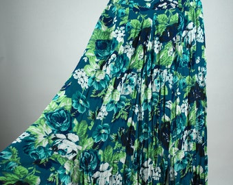 Vintage Blue Green Floral Skirt S, Flower Midiskirt, Colorful Flower Print