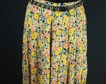 Vintage Colorful Floral Skirt L, Summer Flower Midiskirt, Pleated Skirt 80s 90s