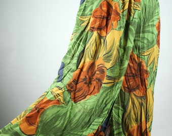 Vintage Green Orange Floral Skirt XS/S, Beach Wrap Skirt, Midiskirt Spring Summer