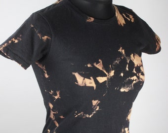 Bleached Girly Shirt XS, Acid Washed Shirt Black Orange, Unique Reverse Tie-Dye Fashion