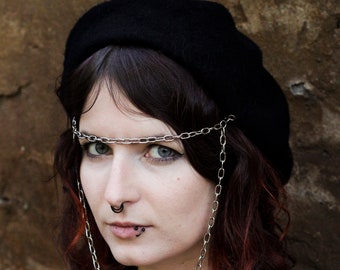 Beret With Chains, Black Beret Silver Chains, Red Beret Black Chains, Self Slave, Gothic Beret, Grunge Beret, Unique Beret, Punk Beret