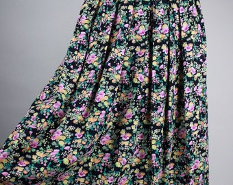 Vintage Black Colorful Floral Skirt Size S / M, Midiskirt With Flower Print And Pockets, Pleated Skirt Dark Floral Grunge