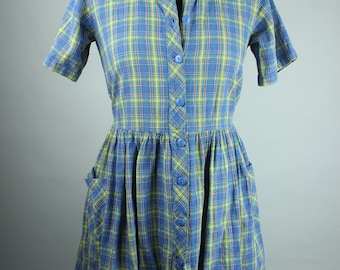 Vintage Blue Plaid Dress Size XS, Cute Pattern Dress With Buttons And Pockets, Bow At The Back, Colorful Minidress Made Of Cotton