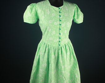 Vintage Green White Patterned Dress S, Floral Minidress Mintgreen, Polkadots, Puff Sleeves, Bow AtThe Back