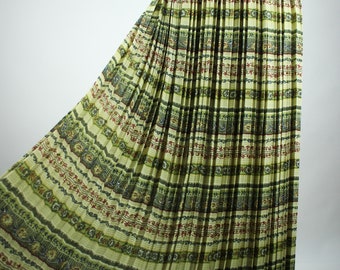 Vintage Floral Pleated Skirt S, Green Beige Striped Midiskirt, Long Summer Skirt