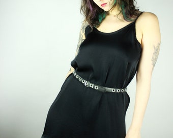 Vintage Black Slip Dress M, Shiny Mini Shift Dress, Dark Lingerie Party Clubwear