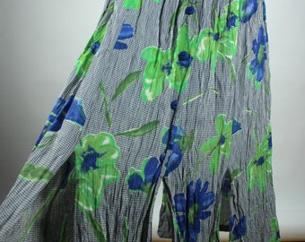 Vintage Plaid Flower Skirt S, Blue Green Floral Midiskirt, Skirt With Buttons