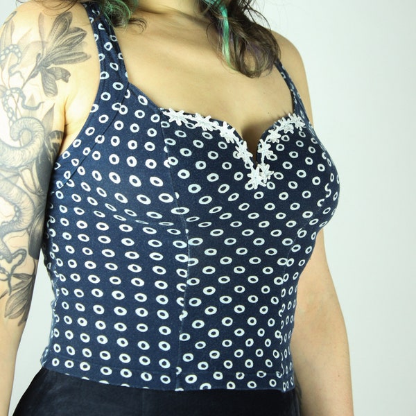 Vintage Blue White Top Circle Print, Crossed Straps At Back, Embellished 80s Shirt