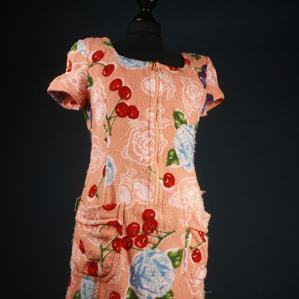 Vintage Rena Lange Towel Dress, Cherries Floral Pattern, 60s 70s Pin Up Beach Wear, Terry Cloth