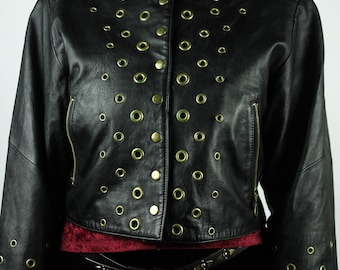 Vintage Dino'z Leatherjacket Eyelets S, Black Cropped Genuine Leather Jacket, 80s Extravagant Clothing