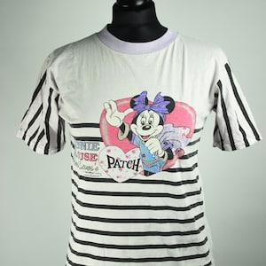 Vintage Gestreiftes Minnie Mouse Shirt, Glitter Heart Lover's Patch, 80er 90er Cartoon Walt Disney Tee, Americanwear, Süß Grunge Trash