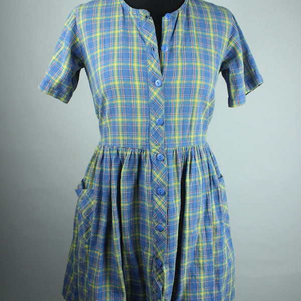 Vintage Blau Kariertes Kleid Größe 164 / XS, Muster Kleid mit Knöpfen und Taschen, Schleife auf Rückseite, Buntes Kleid aus Baumwolle