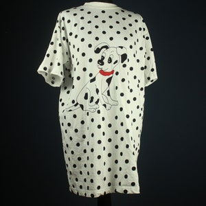 Vintage oversized shirt met polkadots S, 101 Dalmatiërs, zwart witte stippen, lang T-shirt met hondenprint, T-shirt nachtjurk jaren 90