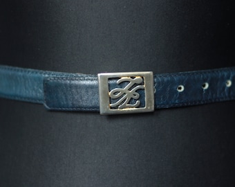 Vintage Dark Blue Leather Belt, Signature Big Golden Metal Buckle