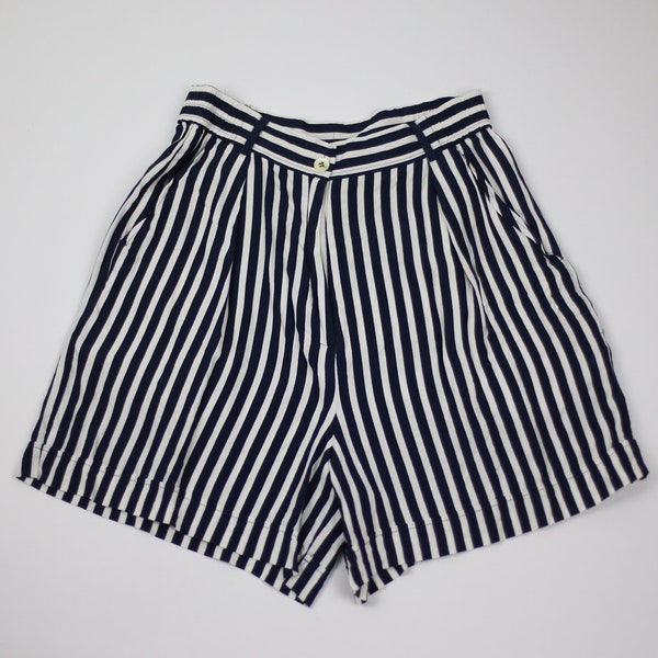 Vintage Gestreifte Kurze Hose Größe 38, Sommer Shorts mit Seitentaschen, Weite luftige Hosen mit Streifen navyblau weiß