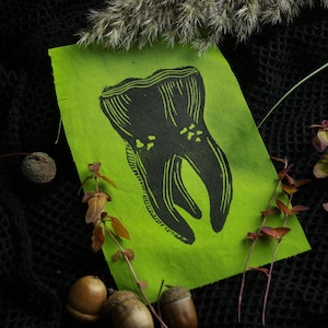 Könnte beinhalten: Ein grüner Stoff-Patch mit einer schwarzen Silhouette eines großen Zahns, der darauf gedruckt ist. Der Patch ist von getrockneten Pflanzen und Eicheln umgeben.