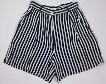 Vintage Gestreifte Kurze Hose Größe 38, Sommer Shorts mit Seitentaschen, Weite luftige Hosen mit Streifen navyblau weiß