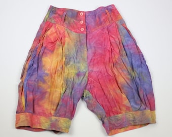 Vintage Colorful Tie Dye Shorts Size XS/S, Short Pants With Side Pockets, Highwaist Spring Summer Trousers, Rainbow Colors Clothing