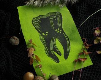 Handmade Green Tooth Patch, Hand Printed Badge, Linoleum Print, Halloween Collection