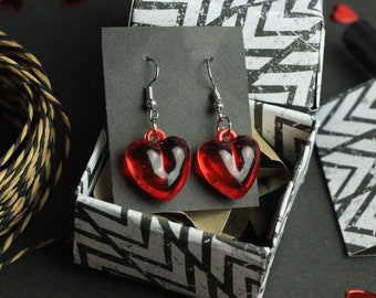 Transparente Rote Herz Ohrringe, Vintage Herzen Anhänger Original 90er Jahre, Valentinstag Geschenk Unikat, Statement Schmuck