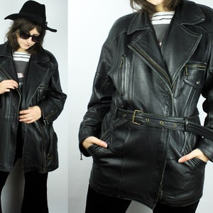 vintage Veste motard en cuir noire, veste longue en cuir avec ceinture, manteau en cuir noir avec fermetures éclair bronze
