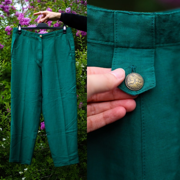 Vintage Highwaisted Green Pants XXL / 3XL, Spring Summer Trousers With Crease, 1990s Tapered Pants