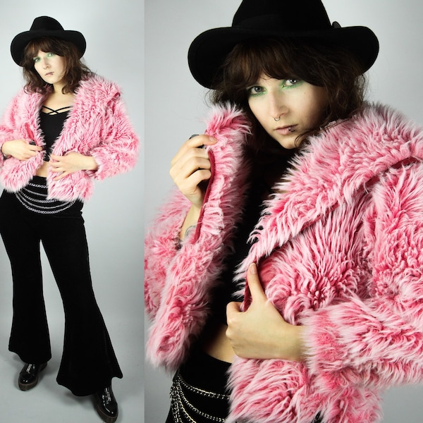 Vintage Pink Fake Fur Jacket XS, Pink Fluffy Fake Fur Jacket, Big Collar, One Of A Kind Unique Clothes