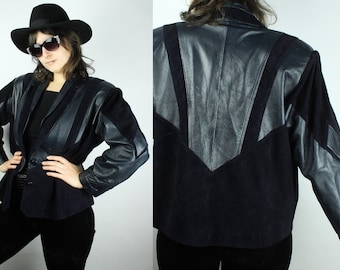 Vintage Darkblue Patchwork Leatherjacket, Dark 80s 90s Mix Suede Leather Jacket, Geometric Design Navyblue