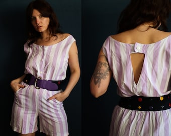 Vintage Striped Overall Pastel Purple White S/M, Short Summer Jumpsuit With Stripes, Stripe Onepiece With Cut Out At The Back