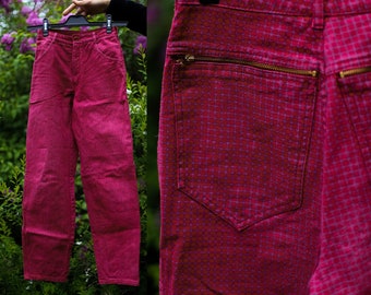 Tasche con cerniera per jeans vintage a quadri XXS / XS, pantaloni scozzesi anni '80 e '90, jeans affusolati con cerniere