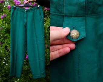 Vintage Highwaisted Grüne Hose XXL / 3XL, Bunte Frühling Sommer Hose mit Bügelfalte, 1990er Hose Konische Form