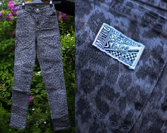 Vintage MUSTANG SKINLINE Leopard Jeans XS / S, Highwaisted Pants Animal Print, Leo Pattern Trousers, 1980s Skinny Jeans Stretch