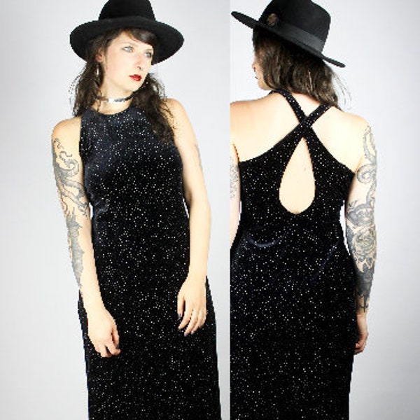 Vintage Schwarz Samt Cocktailkleid Bunte Glitzer Punkte, Maxikleid rückenfrei, Abendkleid Grunge Chic Goth, Partykleid Glamour Silvester