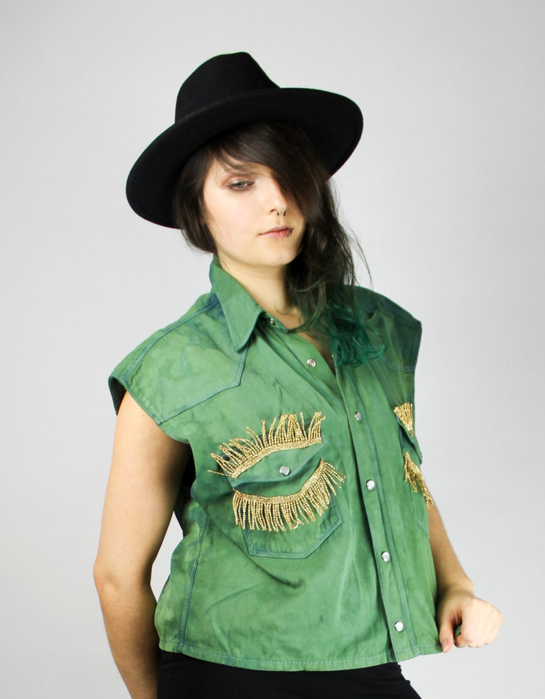 SML RENEWED VINTAGE Denim Vest All Eyes On Me Green Dyed Acid Washed Gold Fringe Oversize Grunge Punk Alternative Unique