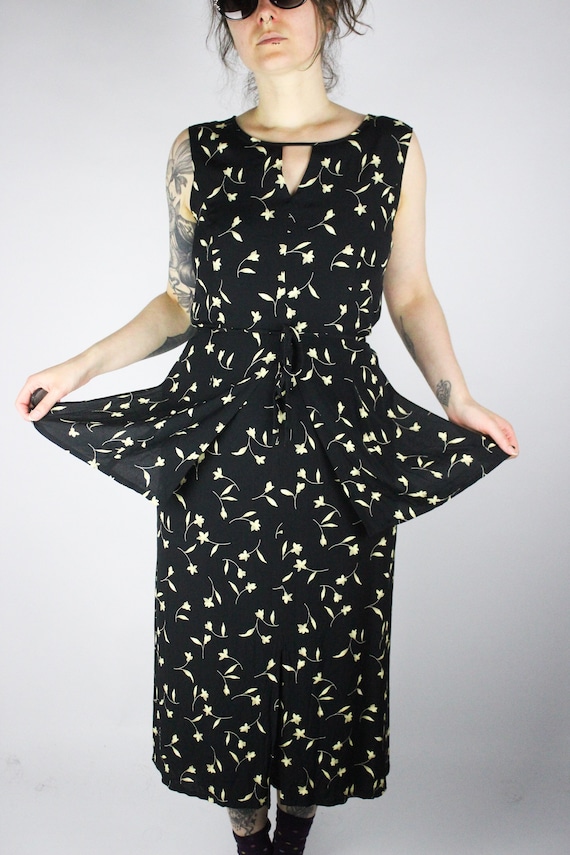 Vintage Black Midi Dress Yellow Flowers M Cut Out Peplum Dress Floral Pattern 80s 90s Romantic Summer Clothes Sanmiro Etsy Canada
