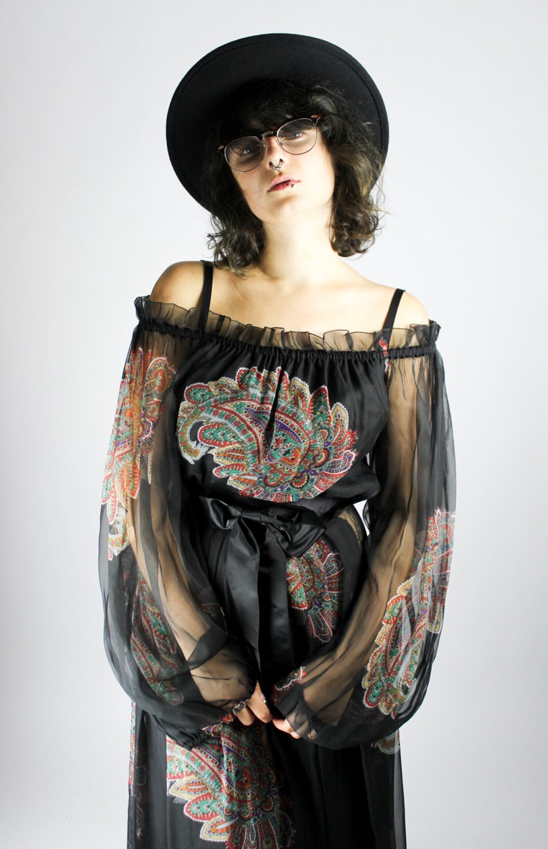 S Floral Pattern Chiffon Bow Transparent Sheer Hippie Boho Folk Festival Gypsy Colorful Print Dress Black Vintage 70s Maxi Dress PAISLEY