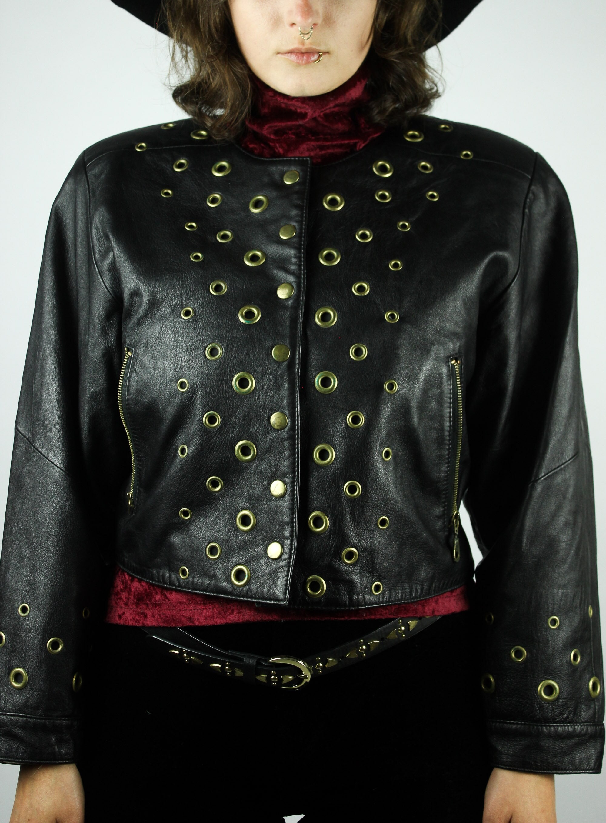 Vintage Dino'z Leatherjacket Eyelets S, Black Cropped Genuine