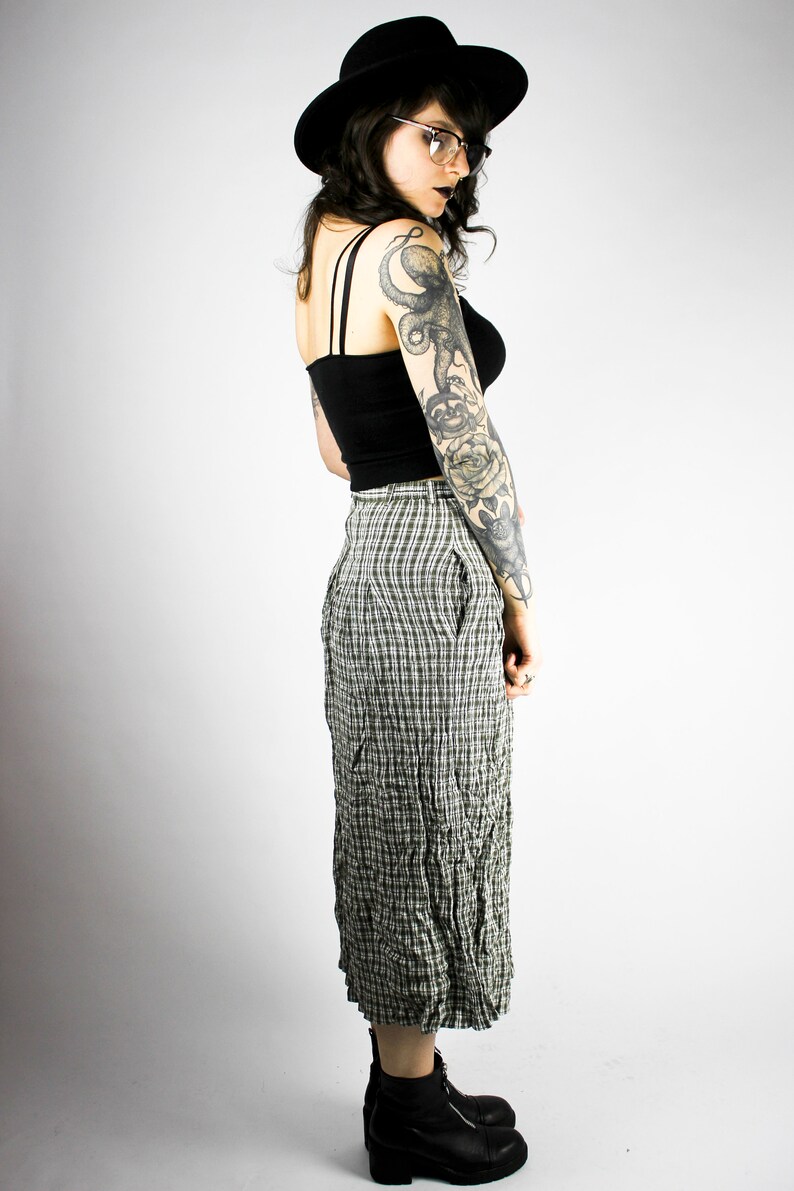 Vintage Black White Plaid Midiskirt Vichy Checkered Long Skirt UK12 Buttons Grunge Alternative Unique Cute Gothic Pastel Goth