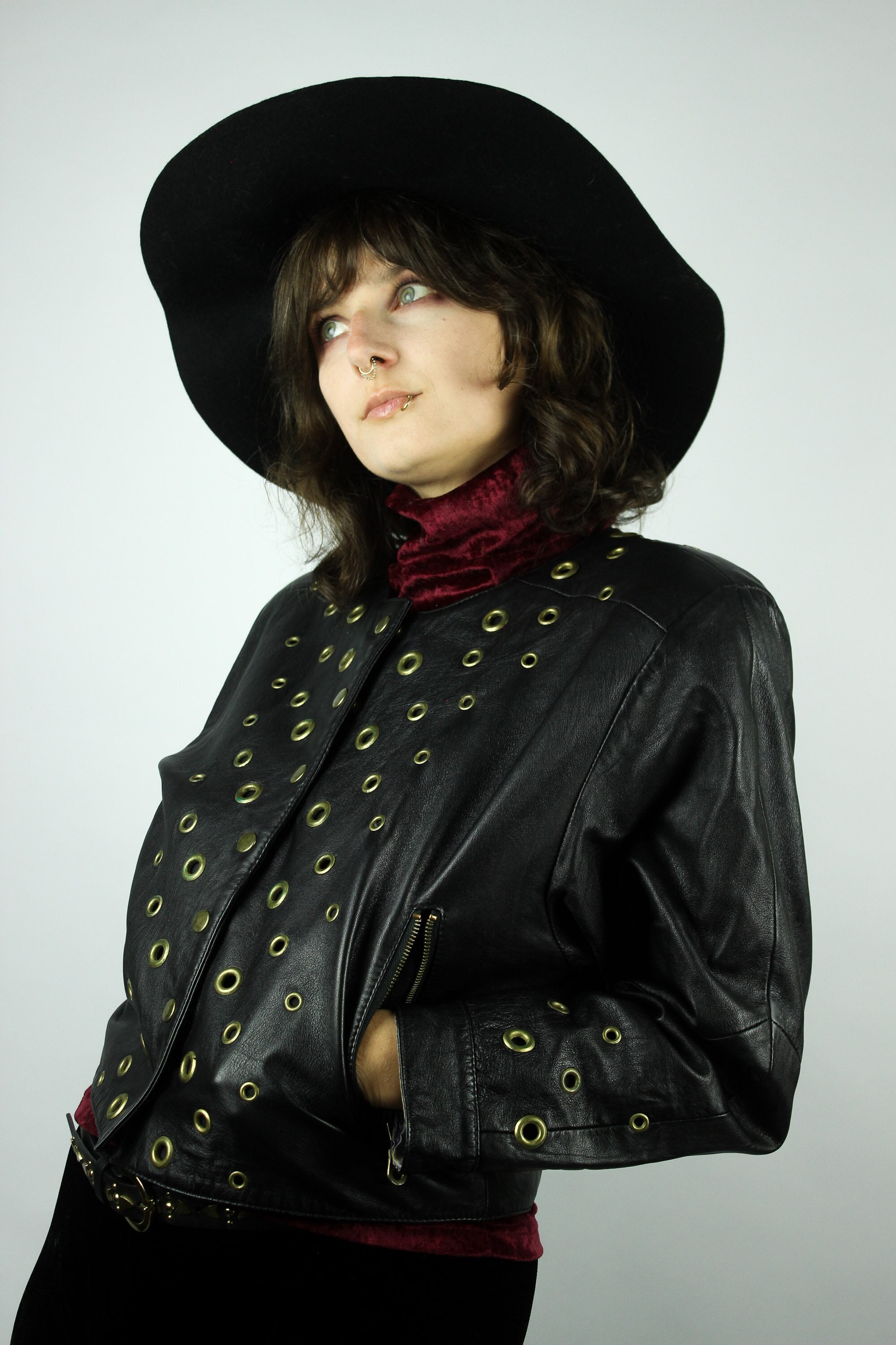 Vintage Black Leather Jacket Bronze Eyelets Size S, Dino'z