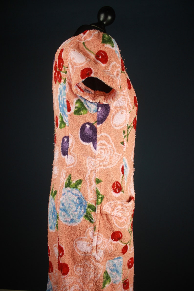 Vintage Rena Lange Towel Dress, Cherries Floral Pattern, 60s 70s Pin Up Beach Wear, Terry Cloth image 9