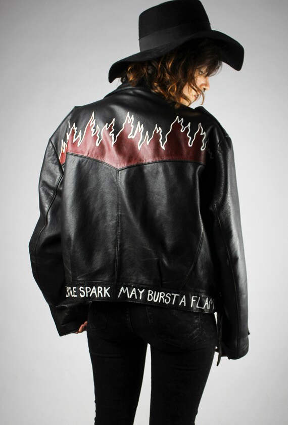 Renewed Vintage Handpainted Black Leatherjacket Flames Dante - Vintage Flame Leather Jacket Renewed Vintage Handpainted Black Leatherjacket Flames Dante - Vintage Flame Leather Jacket