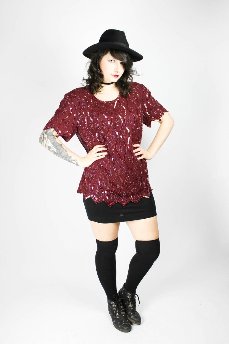 Vintage SEQUIN BLOUSE Bordeaux Dark Red Size L Shirt Sequins Glamour Glitter Shimmer Party Disco Shiny Chic Gothic Grunge 70s Alternative