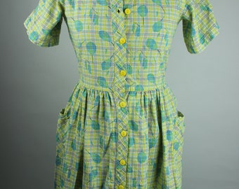 Vintage Yellow Plaid Dress Size XS, Minidress Blue Green Leaves Print, Dress With Pockets And Buttons, Bow At The Back, Made Of Cotton