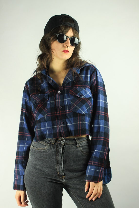 RENEWED VINTAGE Blue Plaid Flannel Crop 