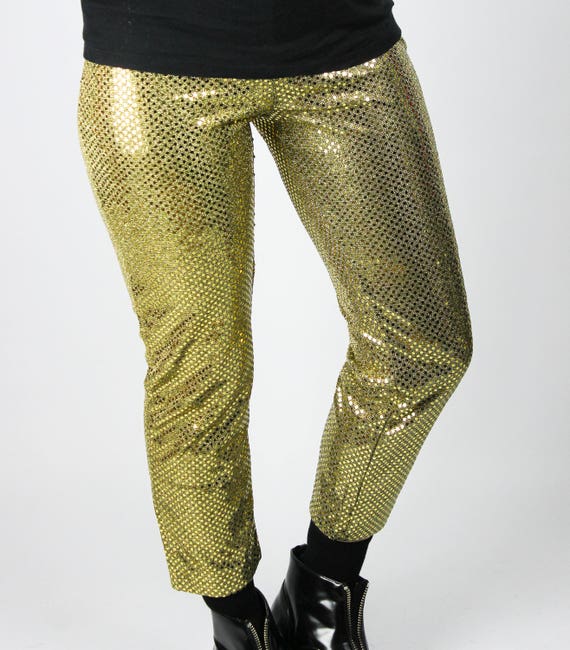 Vintage Highwaist Leggings Gold Pailletten M Glänzend Karneval Klamotten Disco Stiefel Pailletten Gold goldene