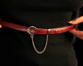 Vintage Belt With Chain, Narrow Red Brown Waist Belt Golden Movable Chain